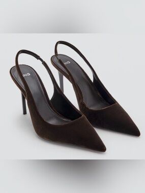 NEW MANGO MNG CHOCOLATE BROWN VELVET HIGH HEELS SLINGBACK SHOES SZ 35 US 5